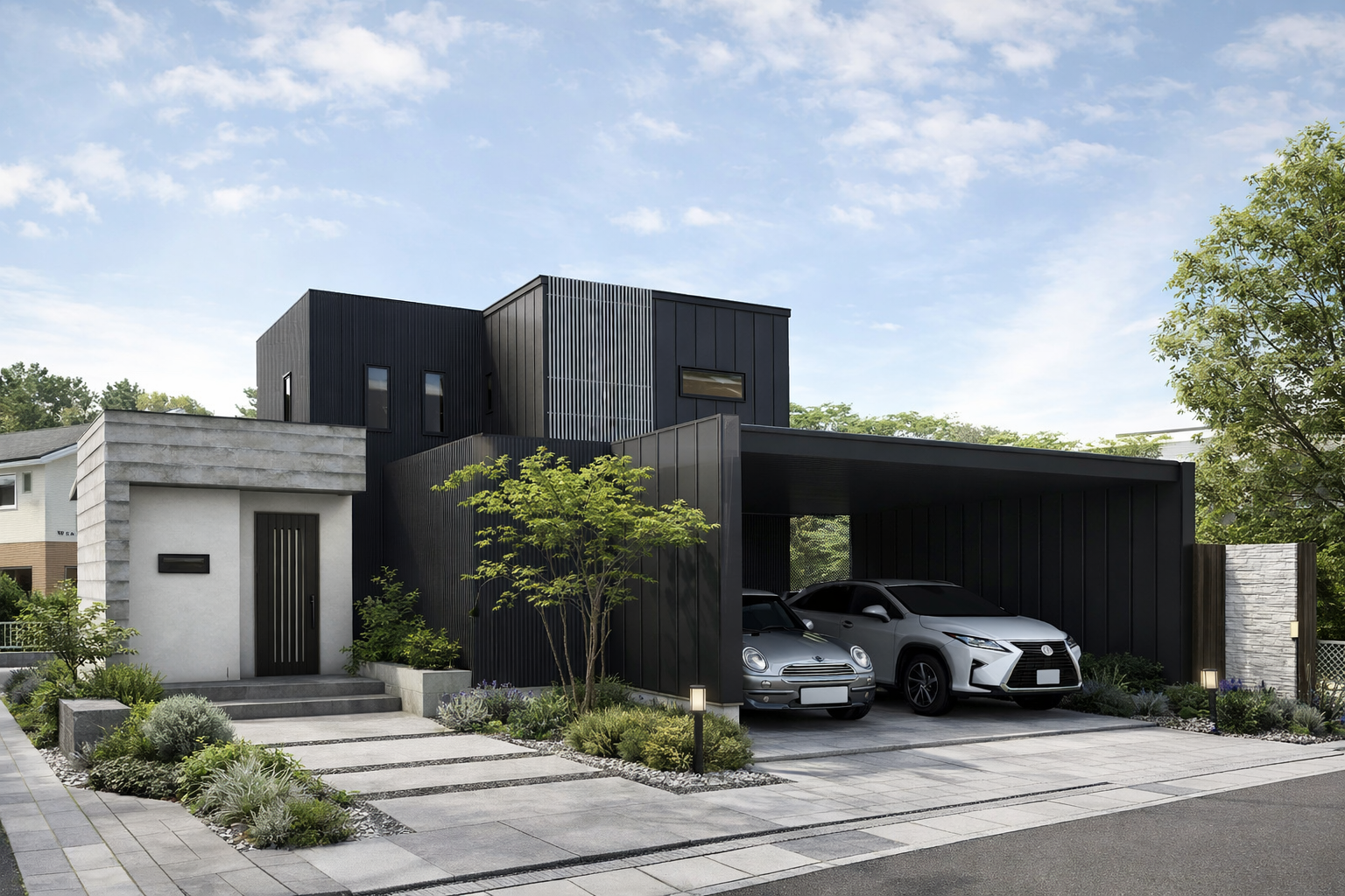 シックな格子とガレージが楽しめるデザイン