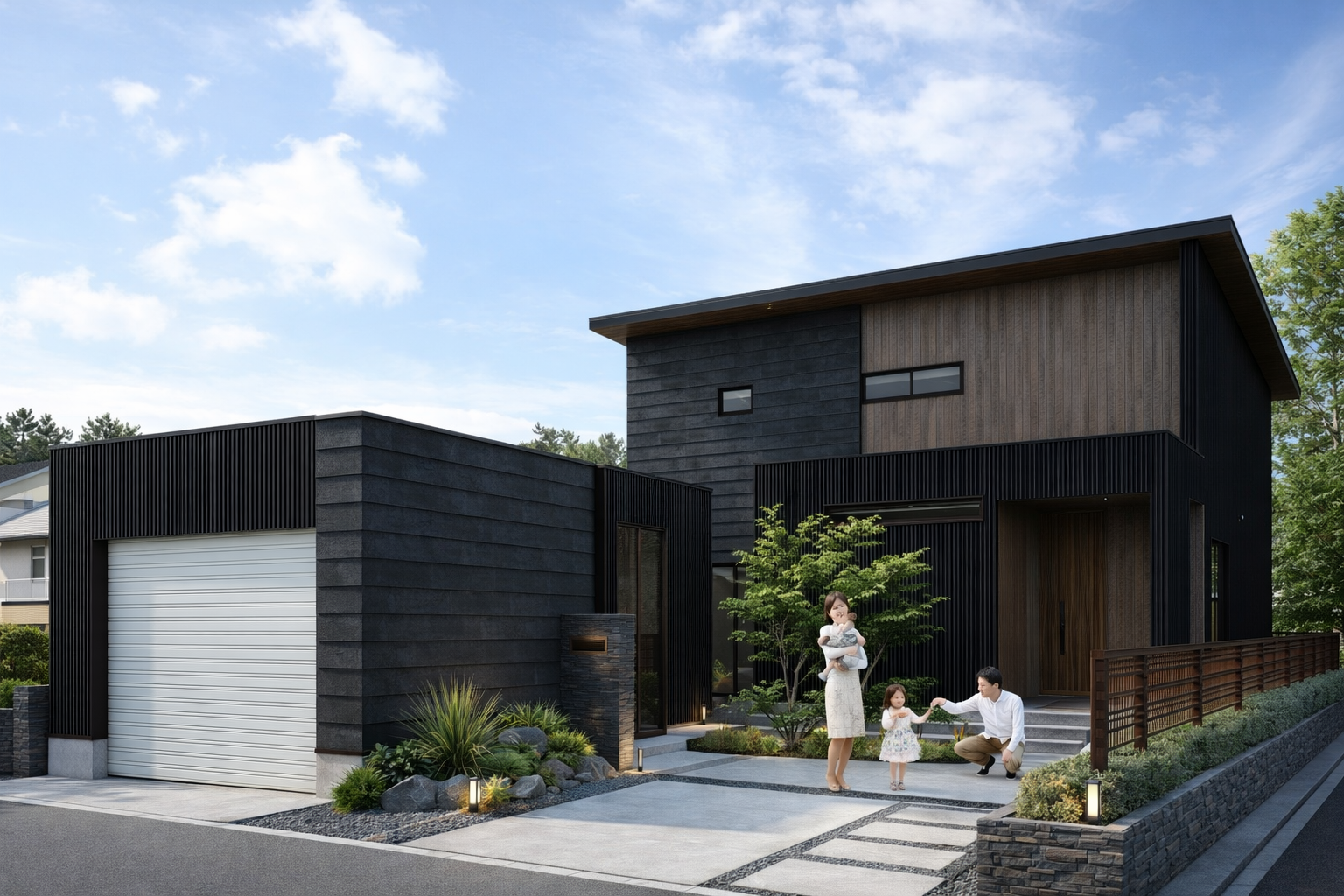 木目とブラックの外壁のコントラストが映える家